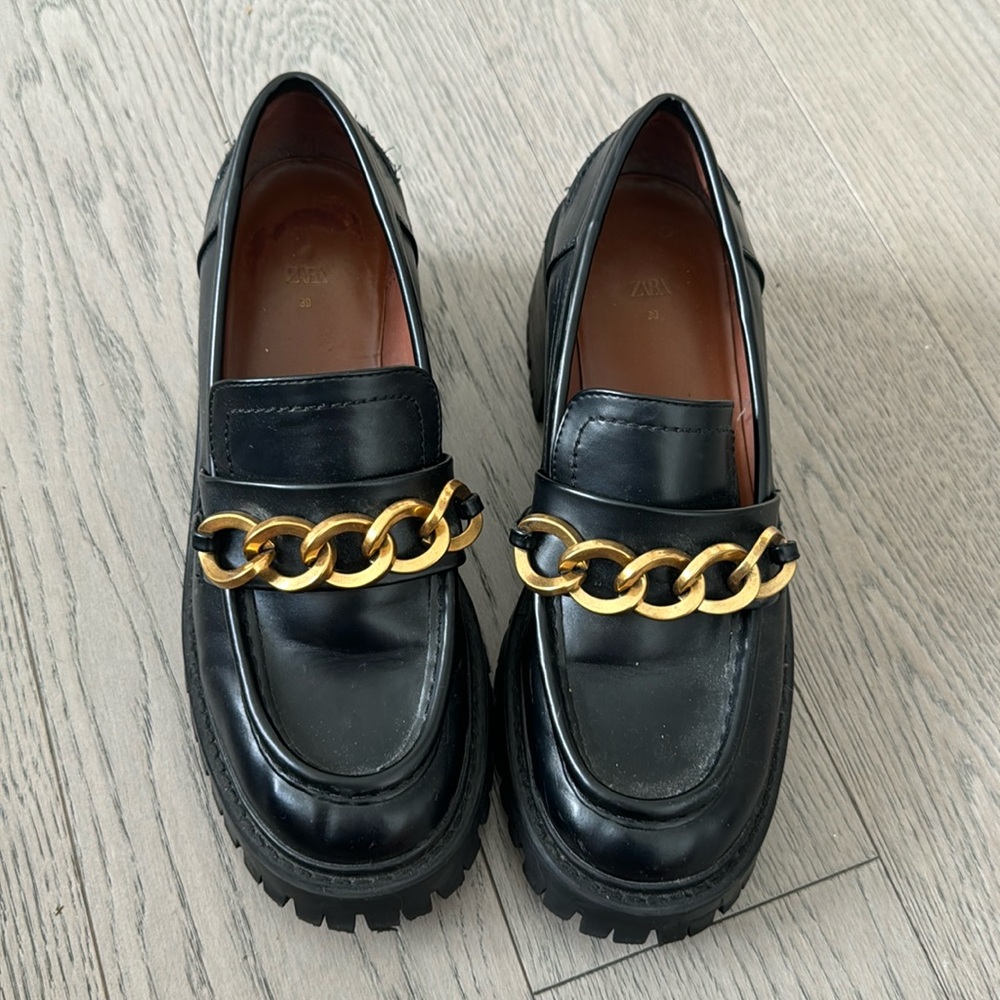 Zara Black and Gold Chain Loafers
